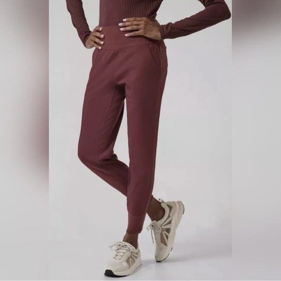 Like New! Athleta Venice Velvet Stripe Joggers High Waist Stretch, Burgundy. - Picture 2 of 10